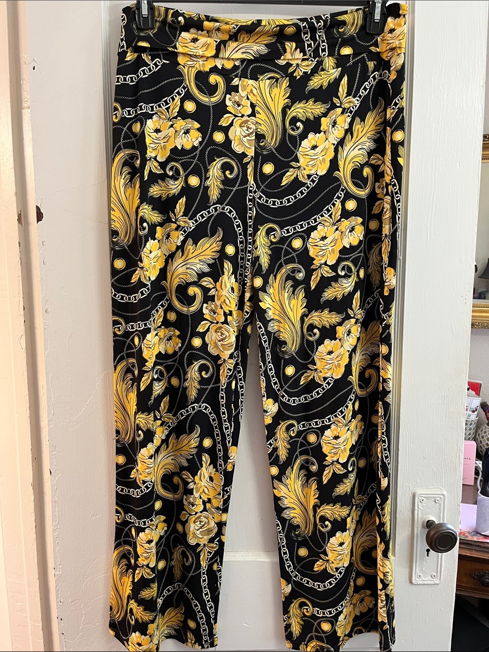White Mark Black and Yellow Baroque Floral Wide-Leg Pants